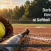AI editorial illustration: Yellow softball in a glove beside a bat on an empty diamond. Headline: Durham Lords Finish Fourth at Softball Nationals. AllAboutDurham.com.