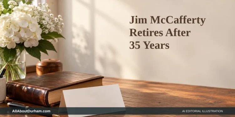 Pickering Trustee Jim McCafferty Retires After 35 Years AI editorial illustration: Book, blank congratulatory card and white flowers on a wooden desk. Headline: Jim McCafferty Retires After 35 Years. AllAboutDurham.com.