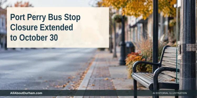AI editorial illustration: Empty transit-stop bench beside an autumn street. Headline: Port Perry Bus Stop Closure Extended to October 30. AllAboutDurham.com.