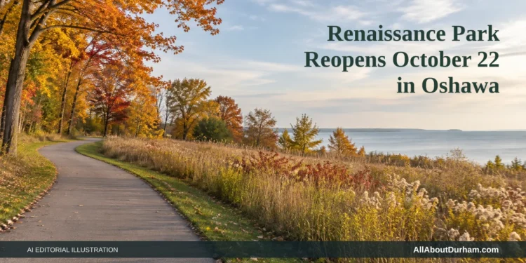 AI editorial illustration: Autumn path beside native grasses and a lake. Headline: Renaissance Park Reopens October 22 in Oshawa. AllAboutDurham.com.