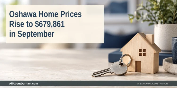 AI editorial illustration: House keys and a small wooden house model on a neutral desktop. Headline: Oshawa Home Prices Rise to $679,861 in September. AllAboutDurham.com.