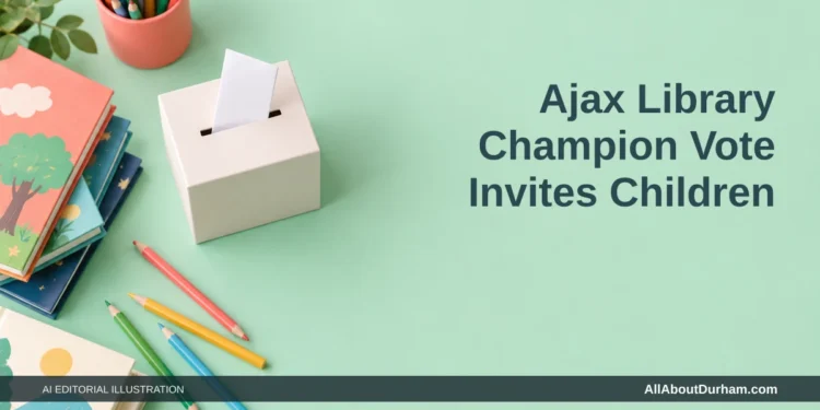 AI editorial illustration: Small practice ballot box, children’s books and coloured pencils on a mint tabletop. Headline: Ajax Library Champion Vote Invites Children. AllAboutDurham.com.