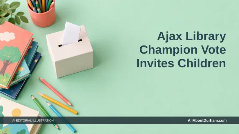 AI editorial illustration: Small practice ballot box, children’s books and coloured pencils on a mint tabletop. Headline: Ajax Library Champion Vote Invites Children. AllAboutDurham.com.