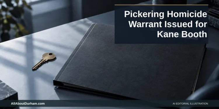 Pickering Homicide Warrant Issued for Kane Booth AI editorial illustration: Closed generic evidence folder and key; no person, weapon, victim, crime scene or actual evidence depicted. Headline: Pickering Homicide Warrant Issued for Kane Booth. AllAboutDurham.com.