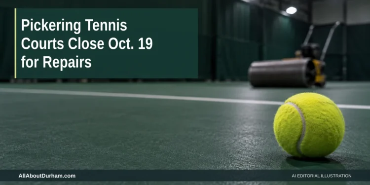 AI editorial illustration: Tennis ball on an indoor court with a repair roller blurred in the background. Headline: Pickering Tennis Courts Close Oct. 19 for Repairs. AllAboutDurham.com.