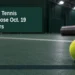 AI editorial illustration: Tennis ball on an indoor court with a repair roller blurred in the background. Headline: Pickering Tennis Courts Close Oct. 19 for Repairs. AllAboutDurham.com.
