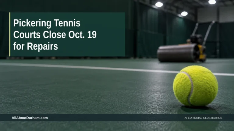 AI editorial illustration: Tennis ball on an indoor court with a repair roller blurred in the background. Headline: Pickering Tennis Courts Close Oct. 19 for Repairs. AllAboutDurham.com.