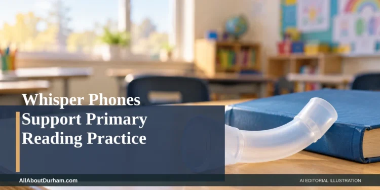 AI editorial illustration: Single whisper-reading tube beside a book on an empty classroom desk. Headline: Whisper Phones Support Primary Reading Practice. AllAboutDurham.com.