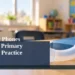 AI editorial illustration: Single whisper-reading tube beside a book on an empty classroom desk. Headline: Whisper Phones Support Primary Reading Practice. AllAboutDurham.com.