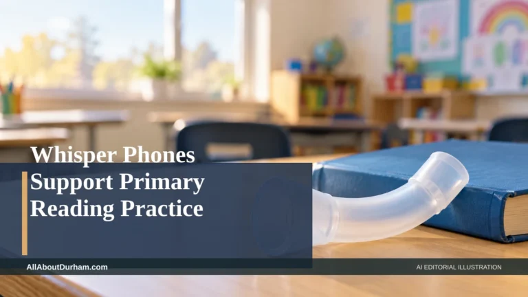 AI editorial illustration: Single whisper-reading tube beside a book on an empty classroom desk. Headline: Whisper Phones Support Primary Reading Practice. AllAboutDurham.com.