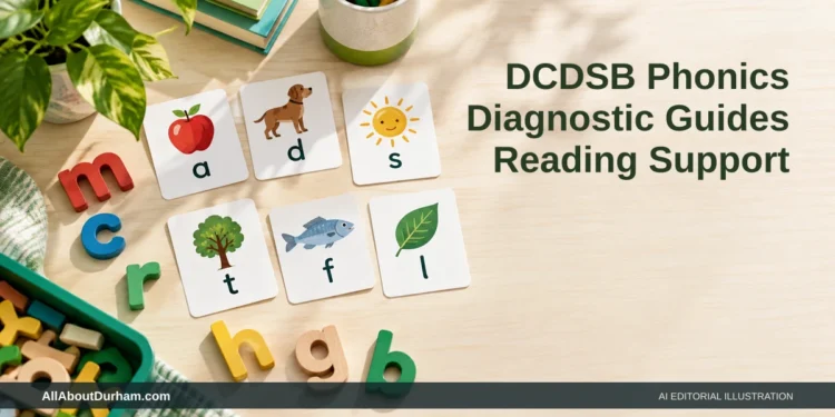 AI editorial illustration: Phonics letter tiles in an empty classroom setting; no student scores or results shown. Headline: DCDSB Phonics Diagnostic Guides Reading Support. AllAboutDurham.com.