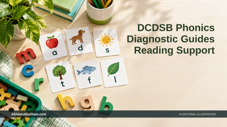 AI editorial illustration: Phonics letter tiles in an empty classroom setting; no student scores or results shown. Headline: DCDSB Phonics Diagnostic Guides Reading Support. AllAboutDurham.com.