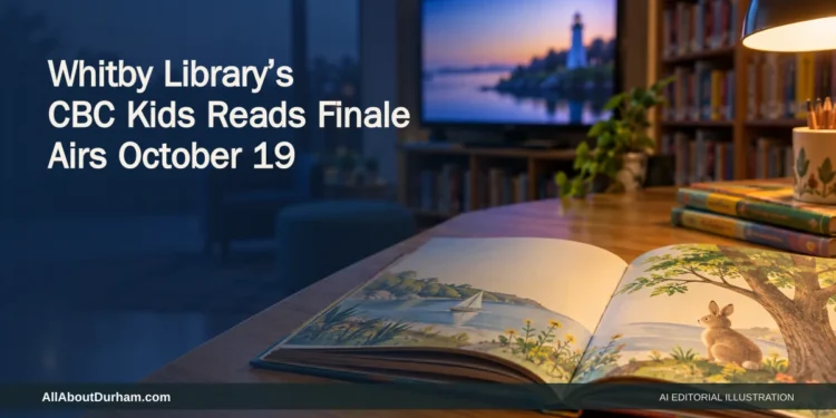 Whitby Library CBC Kids Reads Finale Airs October 19 AI editorial illustration: Open children’s picture book in a warmly lit library with a television in the background. Headline: Whitby Library’s CBC Kids Reads Finale Airs October 19. AllAboutDurham.com.