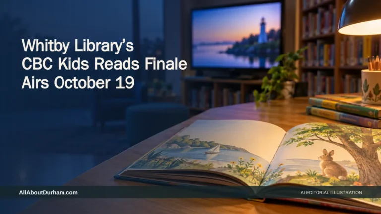 AI editorial illustration: Open children’s picture book in a warmly lit library with a television in the background. Headline: Whitby Library’s CBC Kids Reads Finale Airs October 19. AllAboutDurham.com.