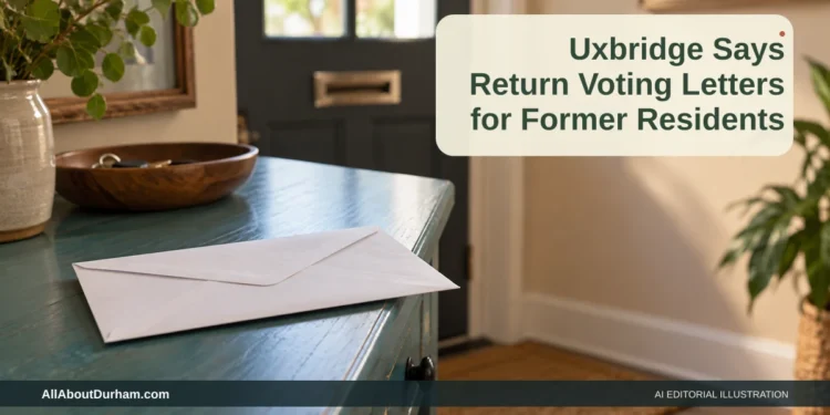 AI editorial illustration: Plain sealed envelope on a home console; contains no personal information. Headline: Uxbridge Says Return Voting Letters for Former Residents. AllAboutDurham.com.