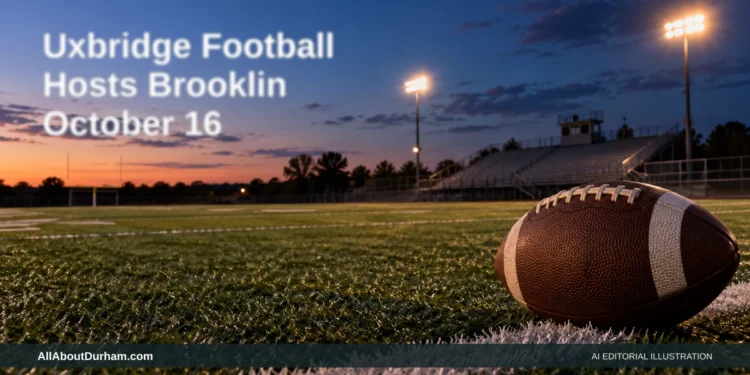 AI editorial illustration: Unbranded football on a school field at dusk before a doubleheader. Headline: Uxbridge Football Hosts Brooklin October 16. AllAboutDurham.com.