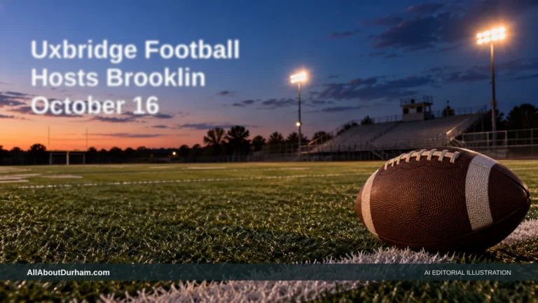 AI editorial illustration: Unbranded football on a school field at dusk before a doubleheader. Headline: Uxbridge Football Hosts Brooklin October 16. AllAboutDurham.com.