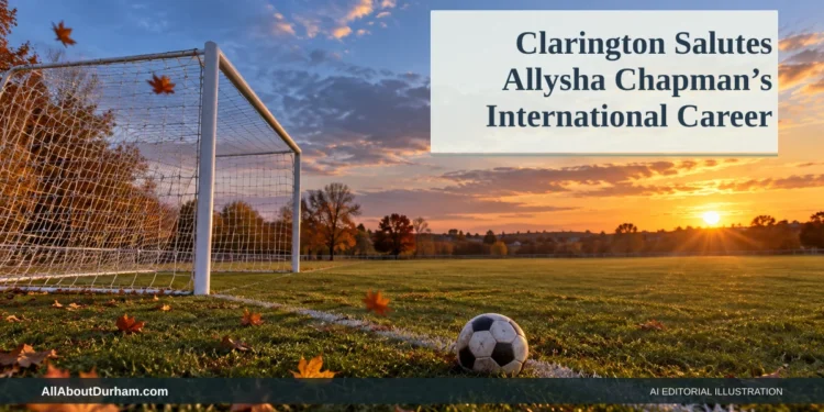 AI editorial illustration: Empty community soccer goal and ball at sunset; no player depicted. Headline: Clarington Salutes Allysha Chapman’s International Career. AllAboutDurham.com.