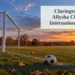 AI editorial illustration: Empty community soccer goal and ball at sunset; no player depicted. Headline: Clarington Salutes Allysha Chapman’s International Career. AllAboutDurham.com.