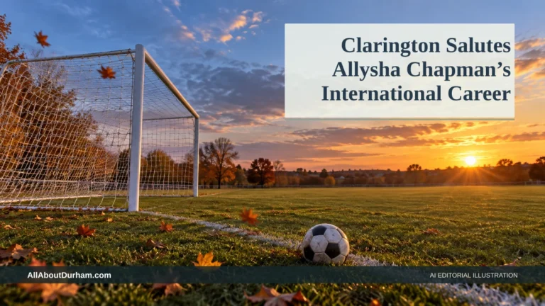 AI editorial illustration: Empty community soccer goal and ball at sunset; no player depicted. Headline: Clarington Salutes Allysha Chapman’s International Career. AllAboutDurham.com.