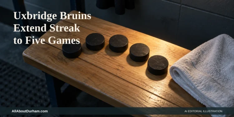 Uxbridge Bruins Extend Winning Streak to Five Games AI editorial illustration: Five hockey pucks on a wood bench representing the Bruins’ five-game streak. Headline: Uxbridge Bruins Extend Streak to Five Games. AllAboutDurham.com.