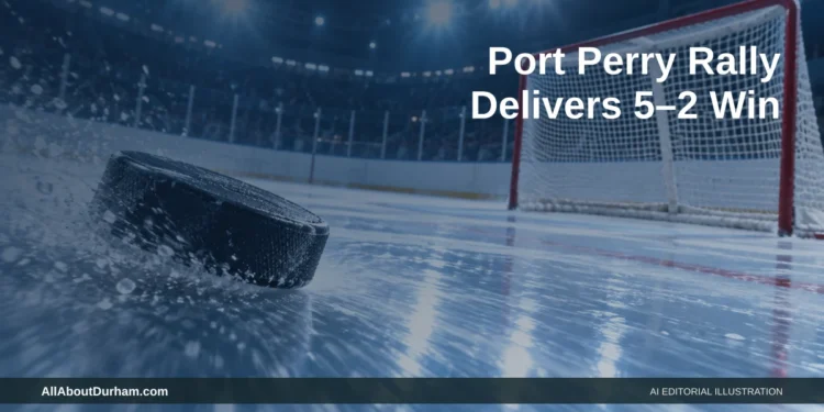 AI editorial illustration: Hockey puck on ice approaching an unbranded empty net; illustration, not game photography. Headline: Port Perry Rally Delivers 5–2 Win. AllAboutDurham.com.