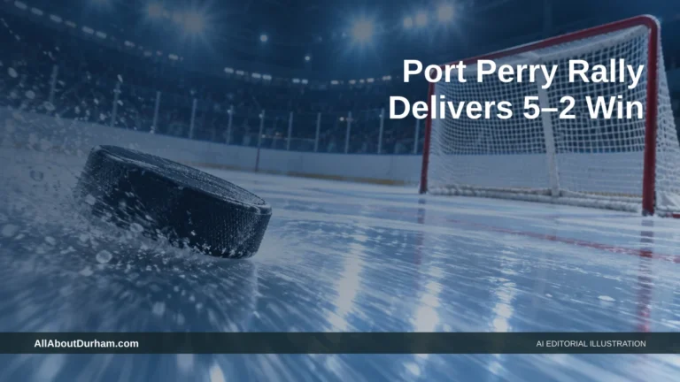AI editorial illustration: Hockey puck on ice approaching an unbranded empty net; illustration, not game photography. Headline: Port Perry Rally Delivers 5–2 Win. AllAboutDurham.com.