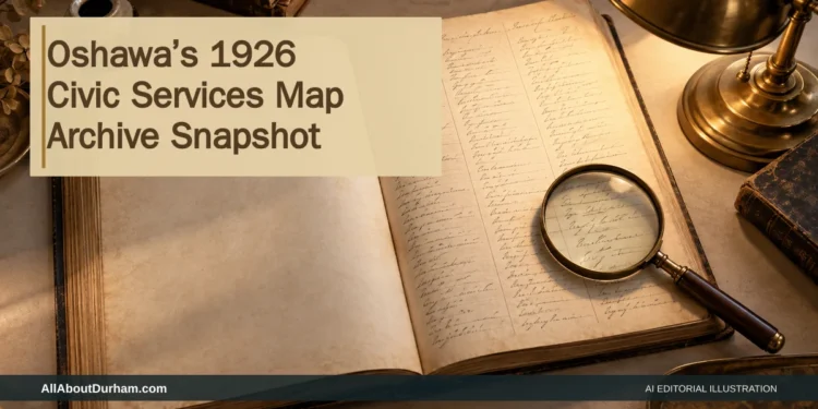 AI editorial illustration: Generic antique directory, magnifier and lamp representing a sourced 1926 archive snapshot; not a source document. Headline: Oshawa’s 1926 Civic Services Map Archive Snapshot. AllAboutDurham.com.