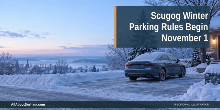 AI editorial illustration: Snowy winter road and parked car illustrating upcoming overnight parking regulations. Headline: Scugog Winter Parking Rules Begin November 1. AllAboutDurham.com.