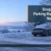 AI editorial illustration: Snowy winter road and parked car illustrating upcoming overnight parking regulations. Headline: Scugog Winter Parking Rules Begin November 1. AllAboutDurham.com.