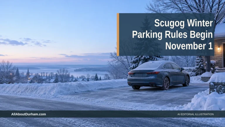 AI editorial illustration: Snowy winter road and parked car illustrating upcoming overnight parking regulations. Headline: Scugog Winter Parking Rules Begin November 1. AllAboutDurham.com.