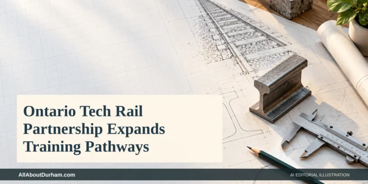 AI editorial illustration: Rail engineering sketches and a rail section representing an education partnership. Headline: Ontario Tech Rail Partnership Expands Training Pathways. AllAboutDurham.com.