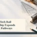AI editorial illustration: Rail engineering sketches and a rail section representing an education partnership. Headline: Ontario Tech Rail Partnership Expands Training Pathways. AllAboutDurham.com.