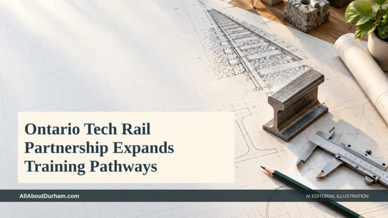 AI editorial illustration: Rail engineering sketches and a rail section representing an education partnership. Headline: Ontario Tech Rail Partnership Expands Training Pathways. AllAboutDurham.com.