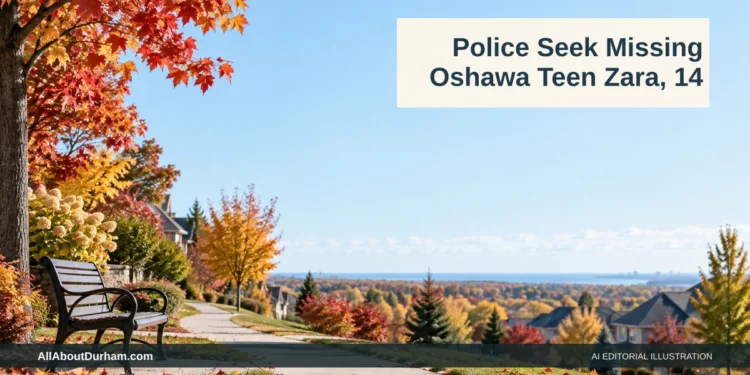 AI editorial illustration: Quiet autumn residential sidewalk. No person or incident shown; general illustration of a missing-person appeal. Headline: Police Seek Missing Oshawa Teen Zara, 14. AllAboutDurham.com.
