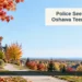 AI editorial illustration: Quiet autumn residential sidewalk. No person or incident shown; general illustration of a missing-person appeal. Headline: Police Seek Missing Oshawa Teen Zara, 14. AllAboutDurham.com.