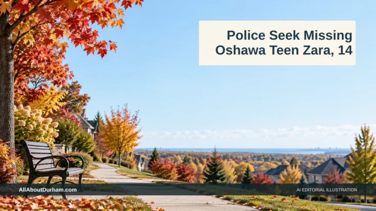 AI editorial illustration: Quiet autumn residential sidewalk. No person or incident shown; general illustration of a missing-person appeal. Headline: Police Seek Missing Oshawa Teen Zara, 14. AllAboutDurham.com.