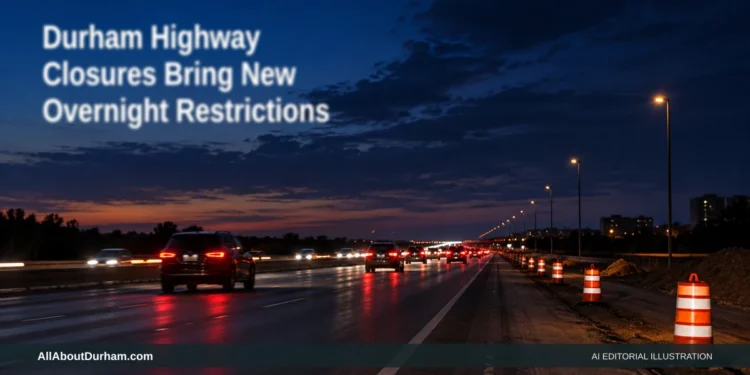 AI editorial illustration: Night-time highway traffic and work cones illustrating scheduled road restrictions. Headline: Durham Highway Closures Bring New Overnight Restrictions. AllAboutDurham.com.