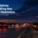 AI editorial illustration: Night-time highway traffic and work cones illustrating scheduled road restrictions. Headline: Durham Highway Closures Bring New Overnight Restrictions. AllAboutDurham.com.