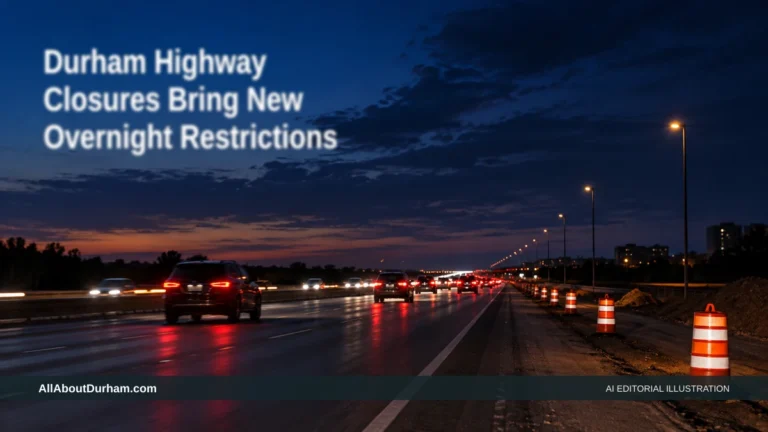 AI editorial illustration: Night-time highway traffic and work cones illustrating scheduled road restrictions. Headline: Durham Highway Closures Bring New Overnight Restrictions. AllAboutDurham.com.