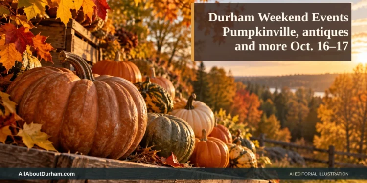 AI editorial illustration: Autumn pumpkin display representing the weekend-events roundup. Headline: Durham Weekend Events Pumpkinville, antiques and more Oct. 16–17. AllAboutDurham.com.