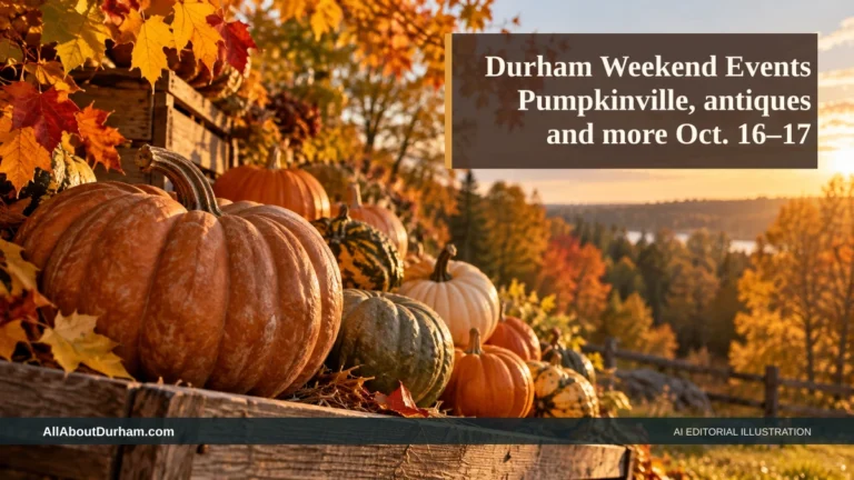 AI editorial illustration: Autumn pumpkin display representing the weekend-events roundup. Headline: Durham Weekend Events Pumpkinville, antiques and more Oct. 16–17. AllAboutDurham.com.