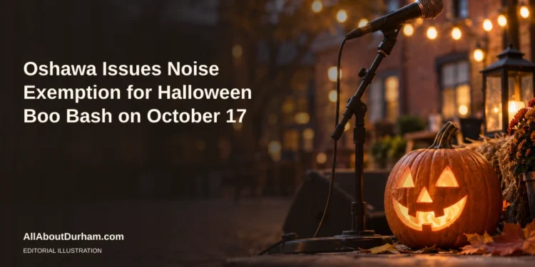 Oshawa Issues Noise Exemption for Halloween Boo Bash on October 17 Editorial illustration of a microphone and carved pumpkin in warm evening light for Oshawa’s Halloween Boo Bash noise-exemption news; not a photograph of the event.