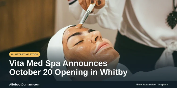 Illustrative stock photo: A person receiving a facial mask treatment at a spa. Photo by Rosa Rafael on Unsplash. Headline: Vita Med Spa Announces October 20 Opening in Whitby. AllAboutDurham.com.
