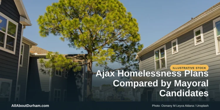 Illustrative stock photo: Modern townhouses around a courtyard. Photo by Osmany M Leyva Aldana on Unsplash. Headline: Ajax Homelessness Plans Compared by Mayoral Candidates. AllAboutDurham.com.