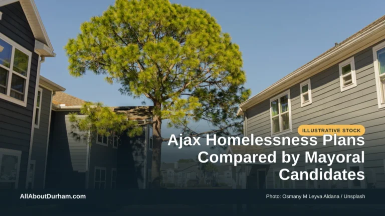 Illustrative stock photo: Modern townhouses around a courtyard. Photo by Osmany M Leyva Aldana on Unsplash. Headline: Ajax Homelessness Plans Compared by Mayoral Candidates. AllAboutDurham.com.