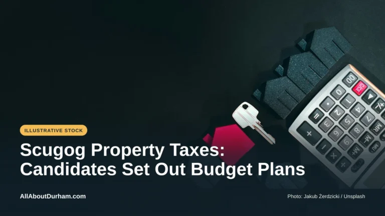 Illustrative stock photo: A house key and calculator for a real-estate finance illustration. Photo by Jakub Żerdzicki on Unsplash. Headline: Scugog Property Taxes: Candidates Set Out Budget Plans. AllAboutDurham.com.
