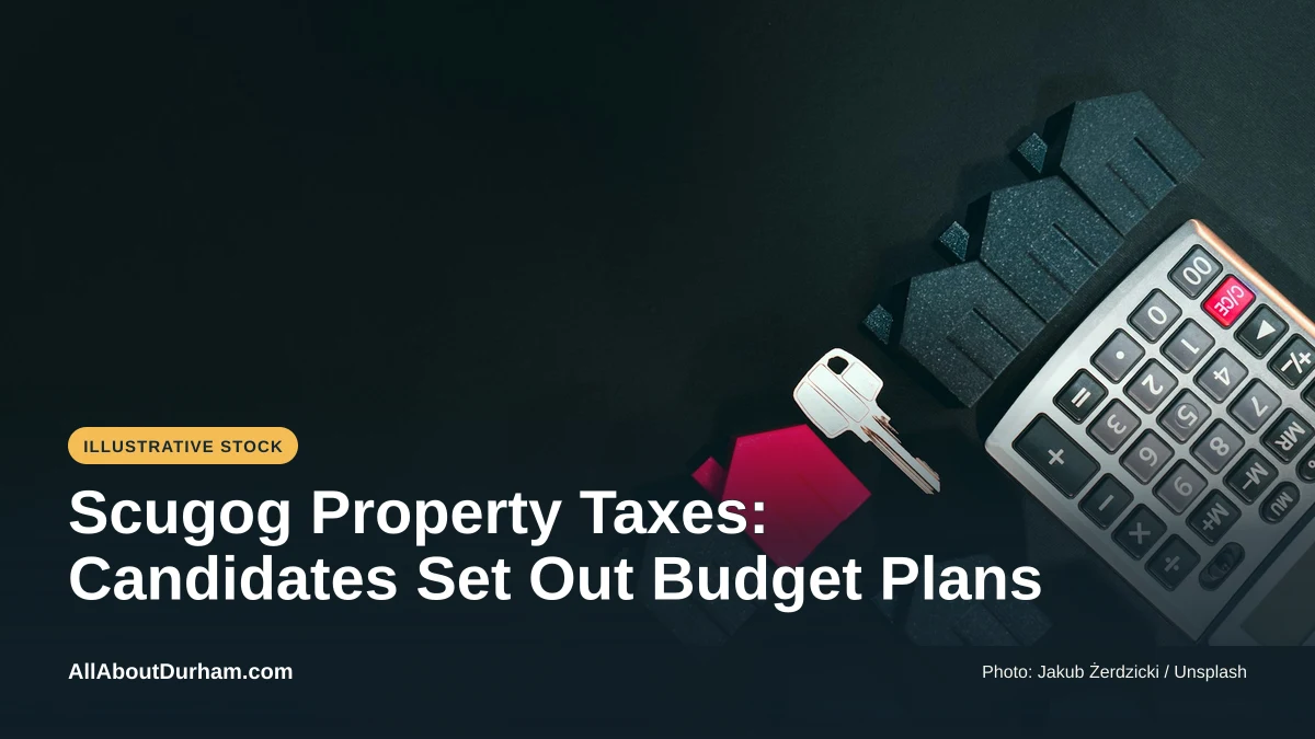 Illustrative stock photo: A house key and calculator for a real-estate finance illustration. Photo by Jakub Żerdzicki on Unsplash. Headline: Scugog Property Taxes: Candidates Set Out Budget Plans. AllAboutDurham.com.