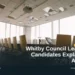 Illustrative stock photo: An empty conference room with a large table and chairs. Photo by Benjamin Child on Unsplash. Headline: Whitby Council Leadership: Candidates Explain Their Approach. AllAboutDurham.com.