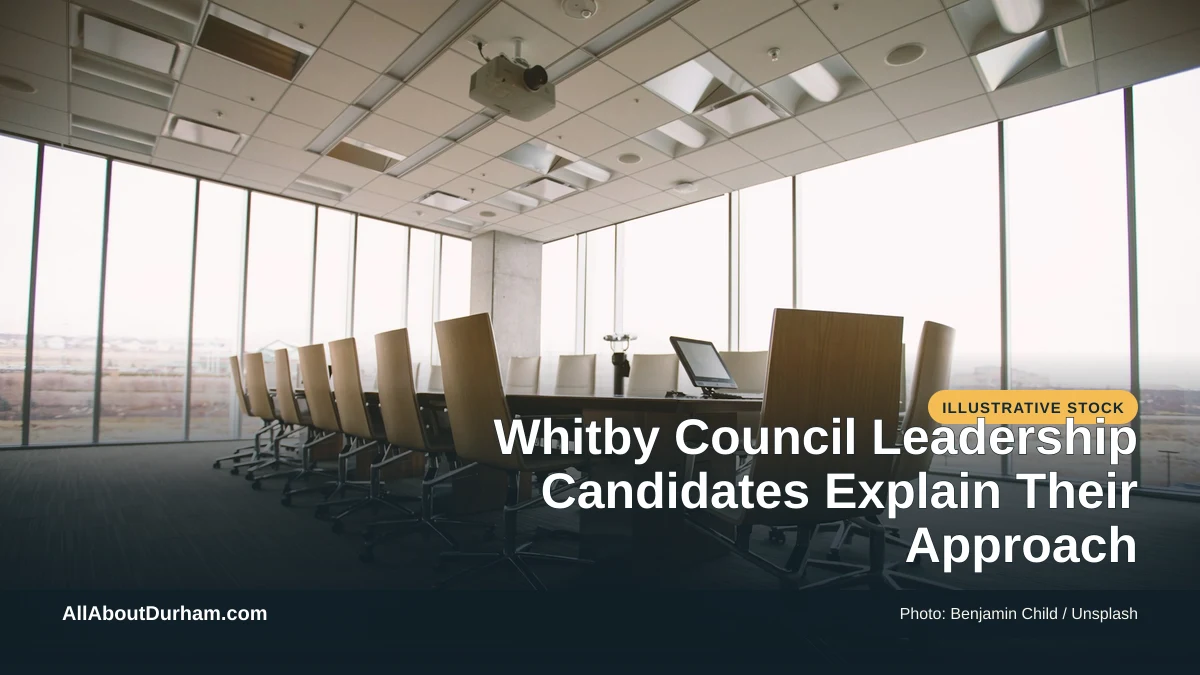 Illustrative stock photo: An empty conference room with a large table and chairs. Photo by Benjamin Child on Unsplash. Headline: Whitby Council Leadership: Candidates Explain Their Approach. AllAboutDurham.com.